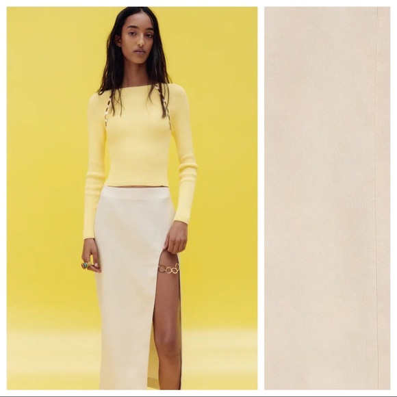 NWT. Zara 100% Linen Cream Cut out High-waist Midi Skirt. Size XS, S, M, L. - Picture 3 of 7